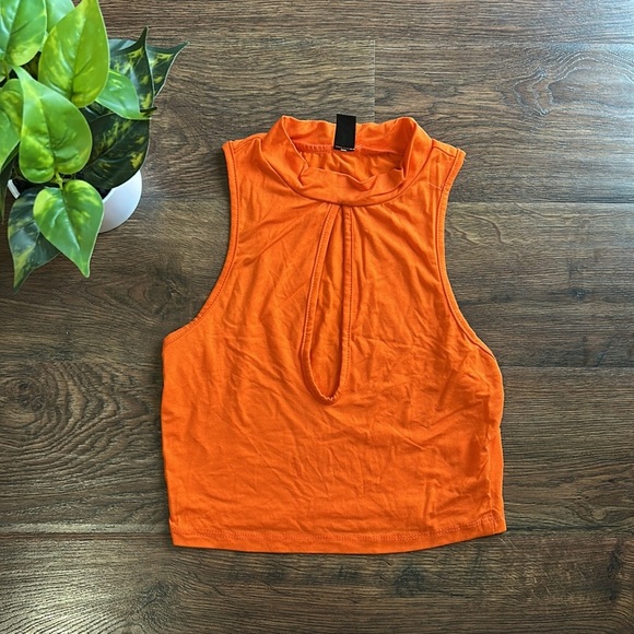 Bright Orange Sleeveless Cutout Mock Neck Top | Orange Sleeveless Top  | - Picture 1 of 6